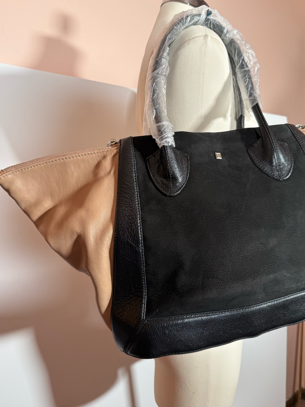 NEW Pour La Victoire Black suede leather Tan Color block expandable Tote